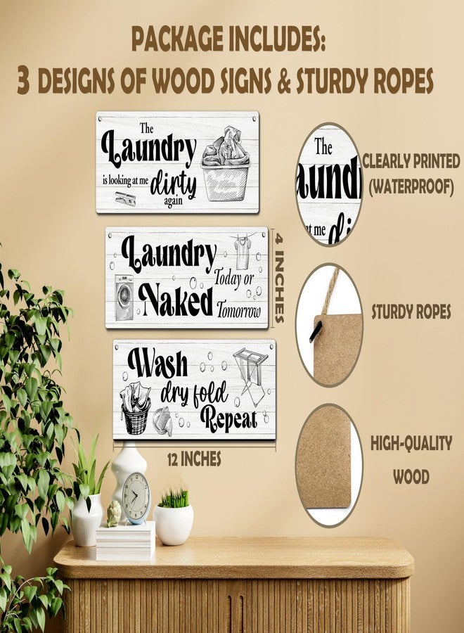 Zmyollo Laundry Room Wall Decor Sign, 3Pieces Laundry Room Rules Wooden Sign With Rope, Wash Dry Fold Repeat Wall Art Decor For Farmhouse Home Washroom Bathroom Restroom, B29 - Image 2